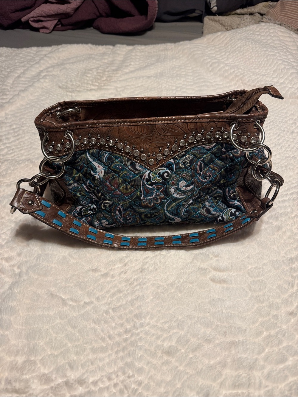 Blazin Roxx Brown Leather Shoulder Bag with Teal Paisley Panel